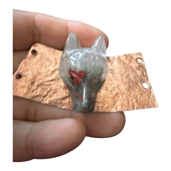 Handcrafted Bloodstone Wolf Necklace Upcycled Copper & Silver Statement Jewelry - Picture 5 of 15